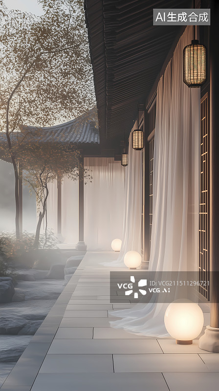 【AI数字艺术】丝绸竹灯中式庭院图片素材