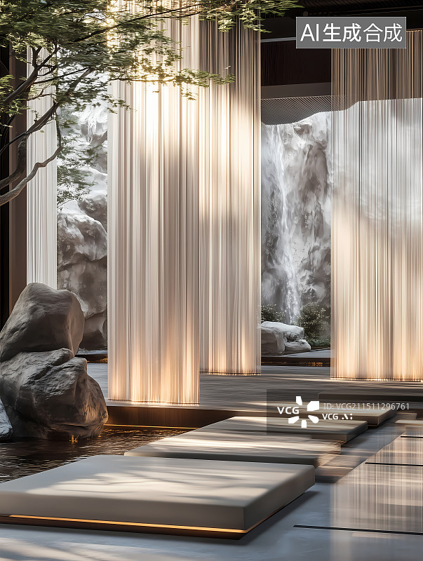 【AI数字艺术】丝绸竹灯中式庭院图片素材