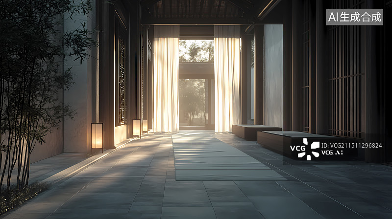 【AI数字艺术】丝绸竹灯中式庭院图片素材