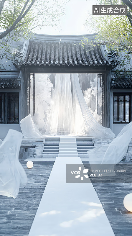 【AI数字艺术】丝绸竹灯中式庭院图片素材