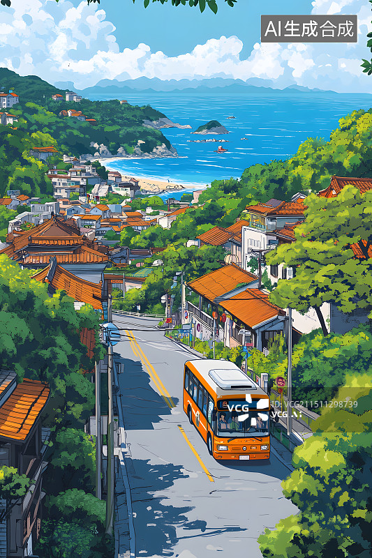 【AI数字艺术】旅行宫崎骏吉卜力风格蓝天白云小镇公路海岛公交车交通工具插画配图图片素材