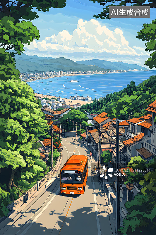 【AI数字艺术】旅行宫崎骏吉卜力风格蓝天白云小镇公路海岛公交车交通工具插画配图图片素材