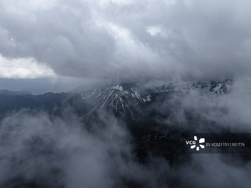 云南省迪庆 香格里拉 下雪天气云雾中的宏伟壮观高海拔地区雪山森林群山 美丽的中国自然风光仙境 航拍图图片素材