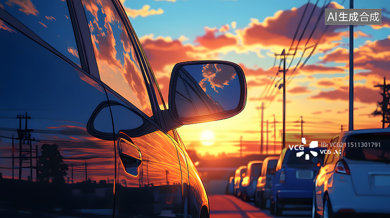 【AI数字艺术】汽车后视镜视角落日镜面反射黄昏朝霞旅行场景图片素材