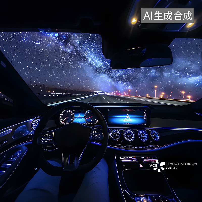 【AI数字艺术】旅行场景星空下的汽车内部视角图片素材