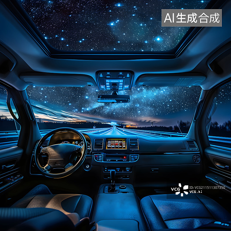 【AI数字艺术】旅行场景星空下的汽车内部视角图片素材