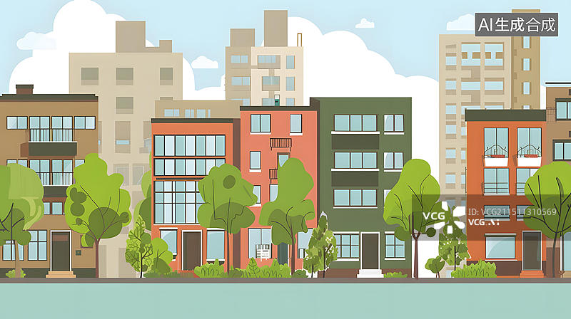 【AI数字艺术】城市景观，建筑，绿树，扁平化风格图片素材