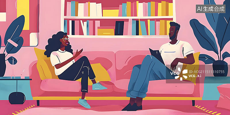 【AI数字艺术】两个人坐在沙发上聊天插画图片素材