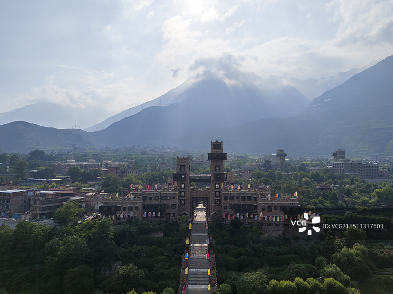 四川茂县中国古羌城航拍图片素材