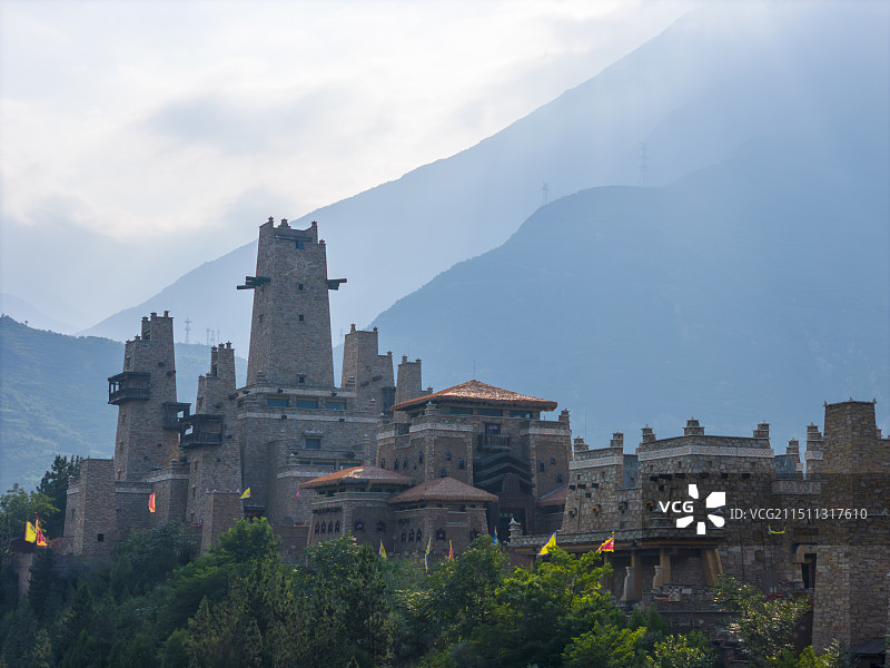 四川茂县中国古羌城航拍图片素材