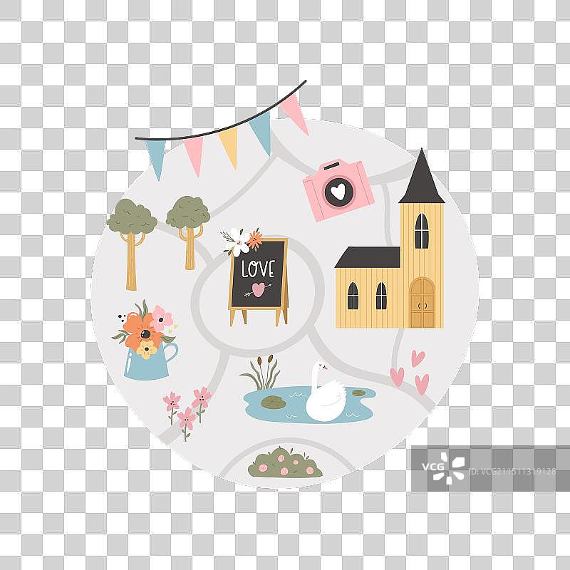 具有节日符号的婚礼地图图片素材