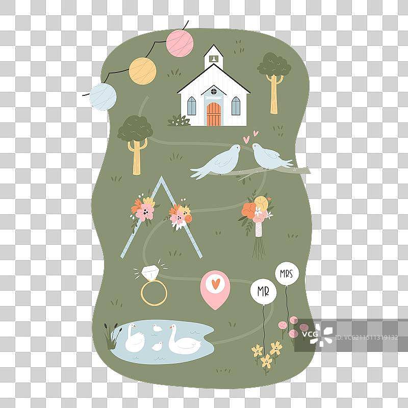 具有节日符号的婚礼地图图片素材