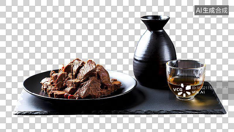 【AI数字艺术】一杯黄酒，米酒和一盘卤牛肉片，中国传统美食，免抠素材图片素材