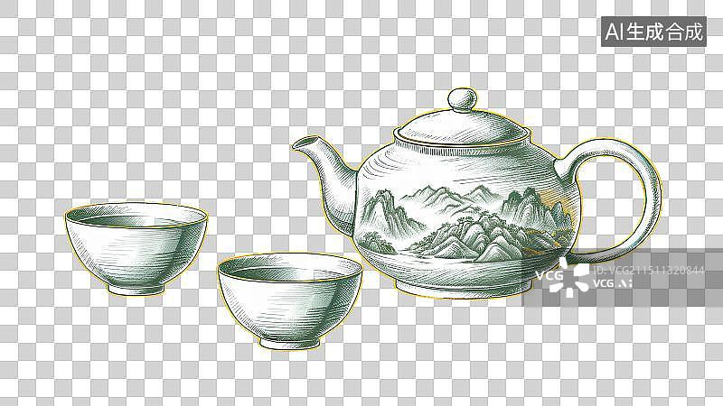 【AI数字艺术】中国风手绘插画，茶壶和茶杯，茶具，养生饮品，茶道，茶文化免抠元素图片素材