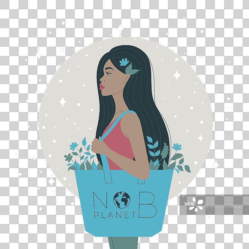 扁平风格的环保袋女人侧面图片素材