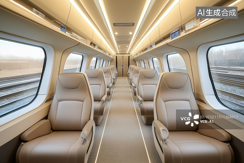 【AI数字艺术】高铁车厢内舒适的座椅，美好的旅途出行概念图片素材