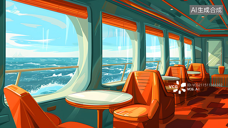 【AI数字艺术】客轮船舱靠窗座位插画图片素材