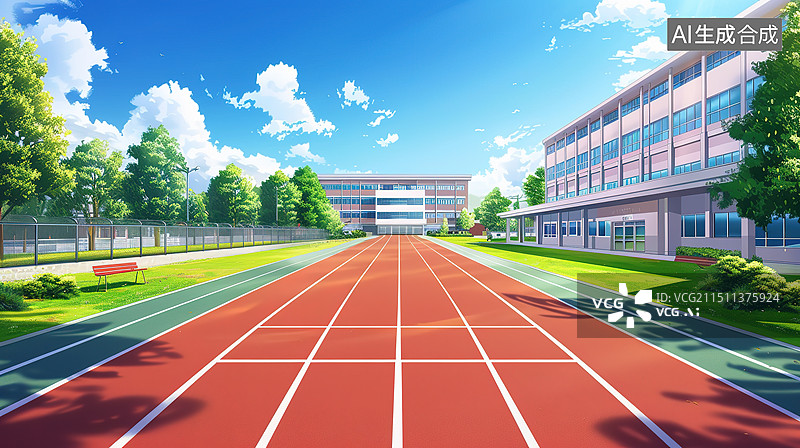 【AI数字艺术】扁平风校园和红色的跑道插画图片素材