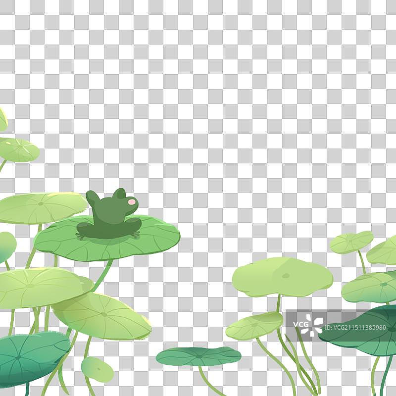 国风卡通插画夏日荷塘荷叶莲蓬节气大暑小暑免抠扁平插画元素边框素材图片素材