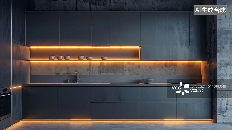 【AI数字艺术】3D工业风发光厨房三维空间场景图片素材