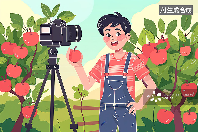 【AI数字艺术】一位年轻农民通过直播带货方式推销自家农产品插画——电子商务促进乡村振兴概念图片素材