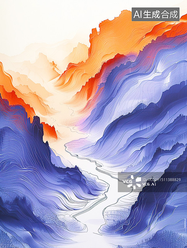 【AI数字艺术】现代创意插画设计水彩风格秋冬山河秋色流水背景配图图片素材