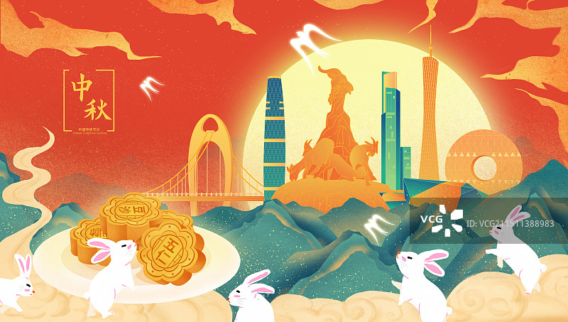 广州传统节日中秋节玉兔月饼中国风城市图片素材
