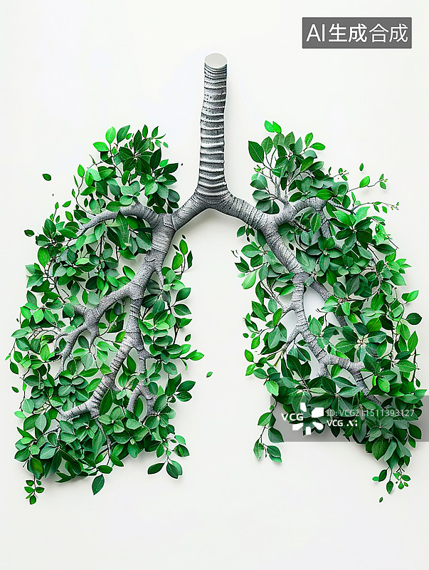 【AI数字艺术】创意设计绿色树叶组成的肺部插画背景配图图片素材