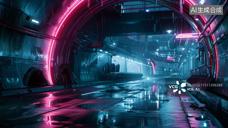 【AI数字艺术】未来科幻风格的霓虹灯隧道图片素材