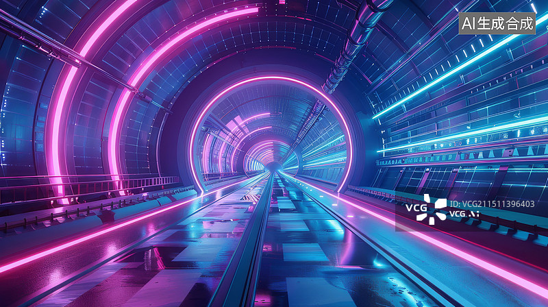 【AI数字艺术】未来科幻风格的霓虹灯隧道图片素材