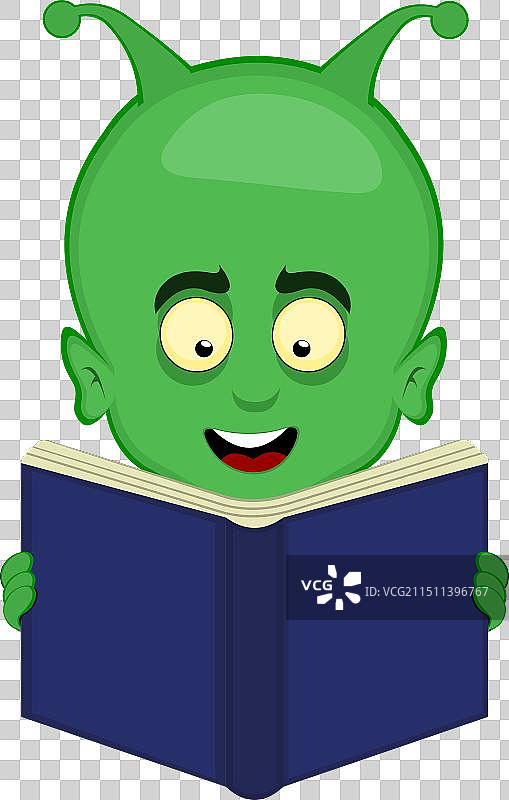 阅读书籍的绿色外星人卡通头像图片素材