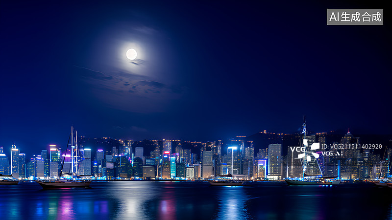 【AI数字艺术】皓月千里，海滨城市夜景，蓝色海湾图片素材
