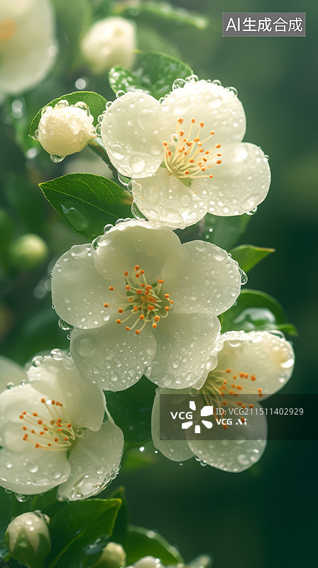 【AI数字艺术】雨中的白色花朵摄影图图片素材