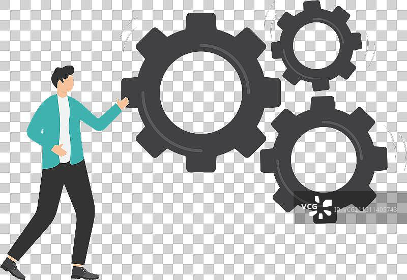 商人将齿轮放入，象征商业解决方案图片素材
