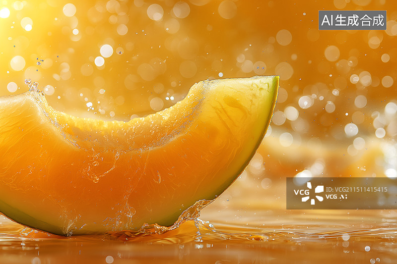 【AI数字艺术】美味的哈密瓜在水中溅起水花图片素材