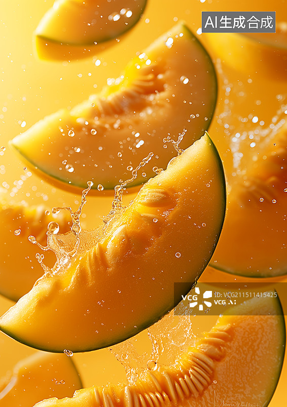 【AI数字艺术】美味的哈密瓜在水中溅起水花图片素材