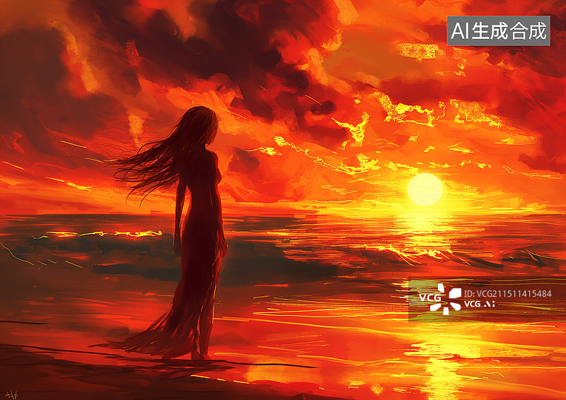 【AI数字艺术】海边落日一个漂亮女生走在沙滩上图片素材