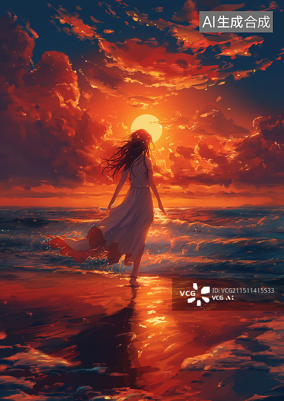 【AI数字艺术】海边落日一个漂亮女生走在沙滩上图片素材