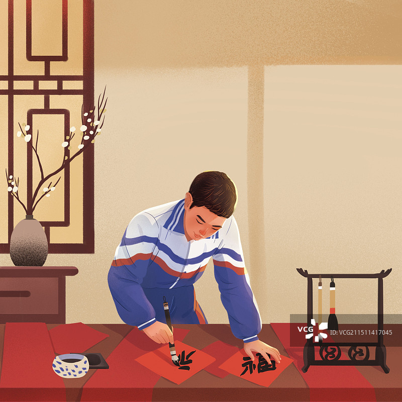 低头写福字的学生图片素材