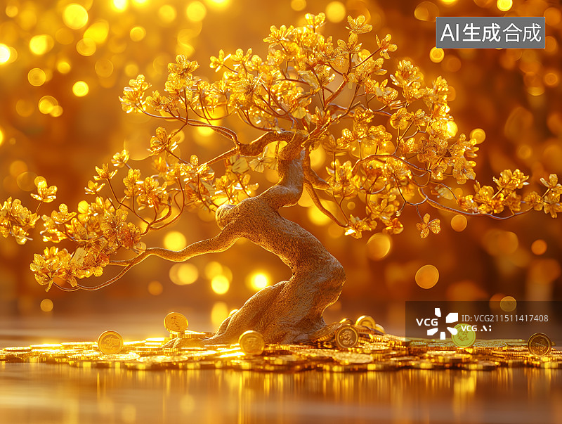 【AI数字艺术】一棵黄金打造的招财树图片素材