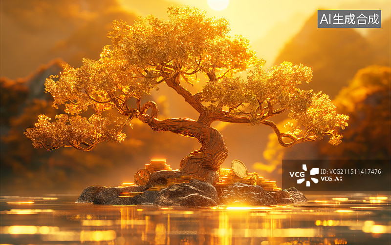 【AI数字艺术】一棵黄金打造的招财树图片素材