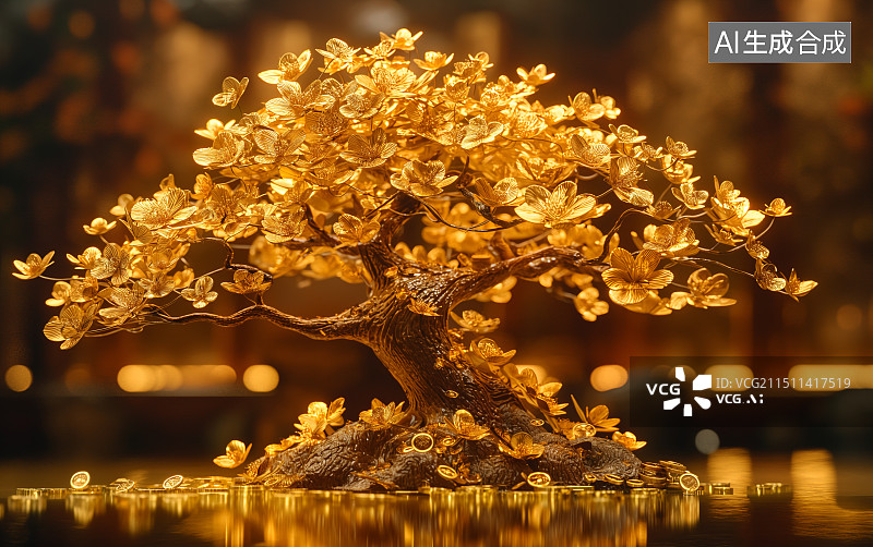 【AI数字艺术】一棵黄金打造的招财树图片素材