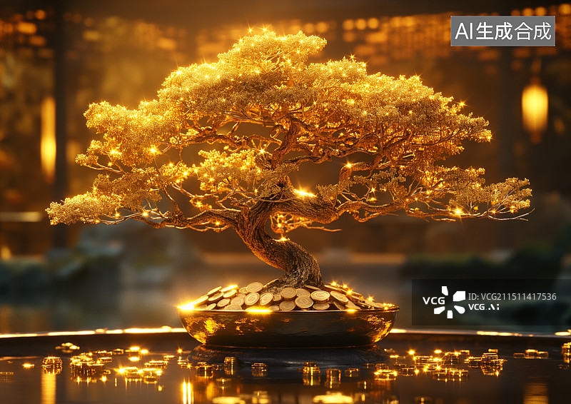 【AI数字艺术】一棵黄金打造的招财树图片素材