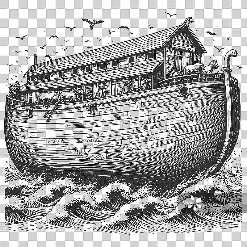 诺亚方舟雕刻素描图片素材