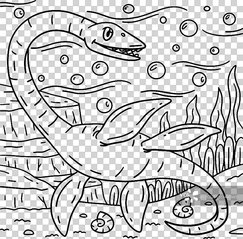 蛇颈龙恐龙儿童涂色页图片素材