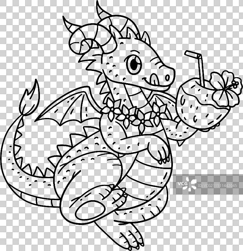 拿着椰子汁的龙隔离着色页图片素材