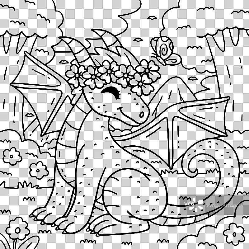 儿童填色页：戴花冠的龙图片素材