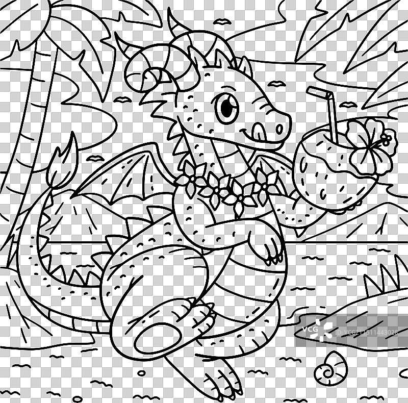 儿童椰子汁饮料龙涂色页图片素材