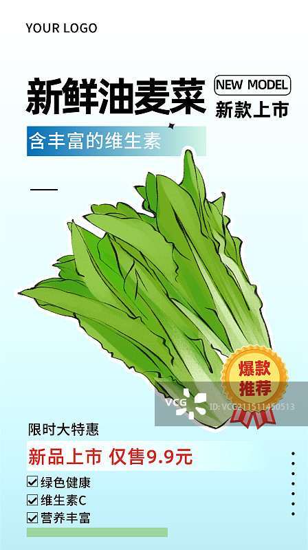 油麦菜-手绘蔬菜生鲜促销电商插画海报模板图片素材