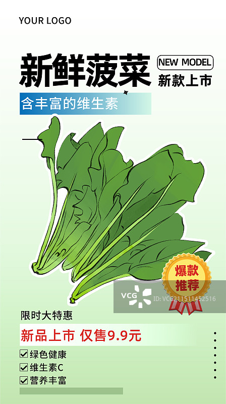菠菜-手绘蔬菜生鲜促销电商插画海报模板图片素材